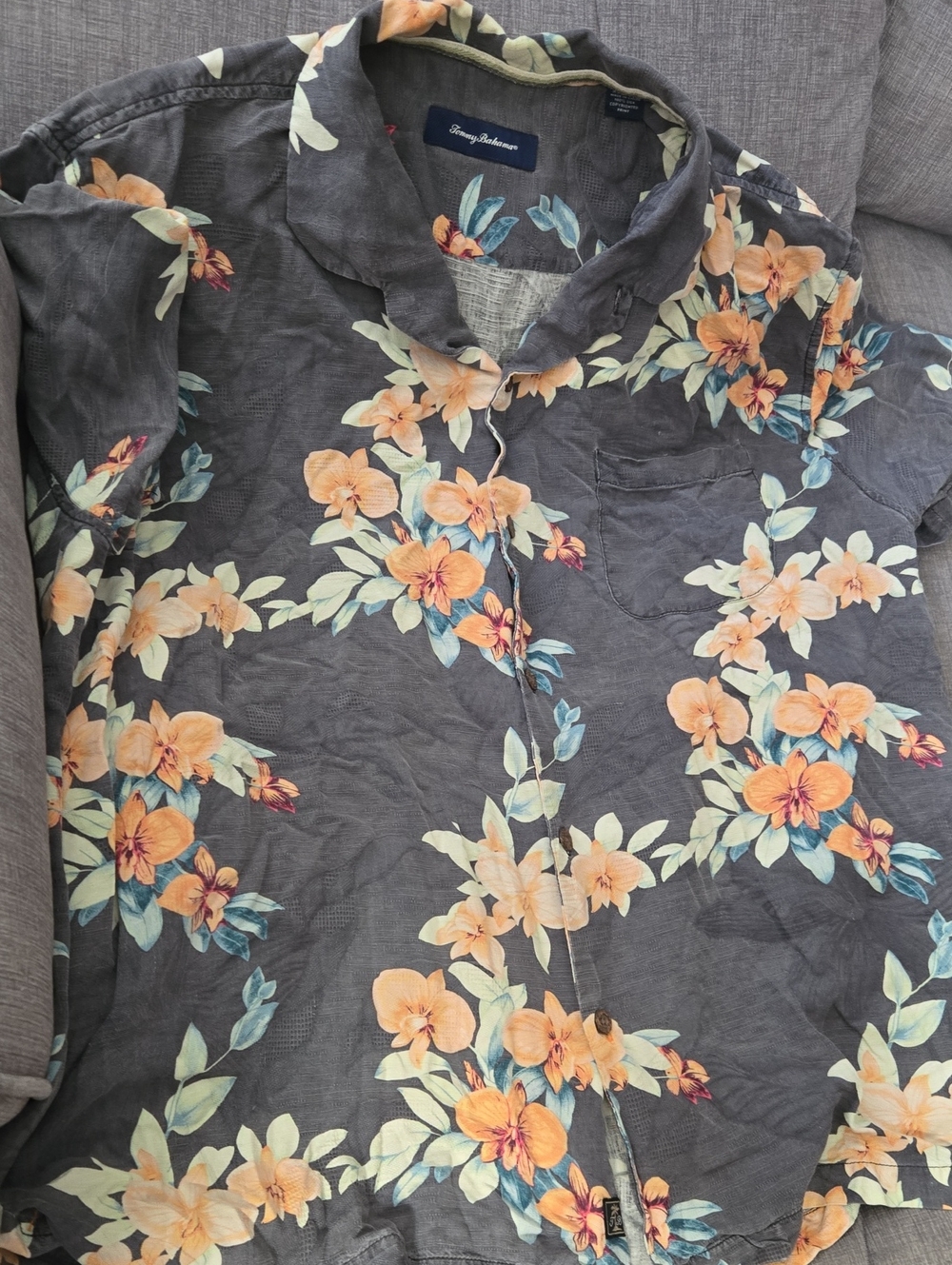 Tommy Bahama Gray Shirt with Orange Floral Print 100% Silk